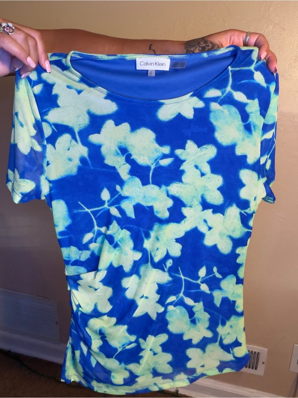 NWOT Calvin Klein 90s Fashion Mesh Blue & Lime Floral Tee